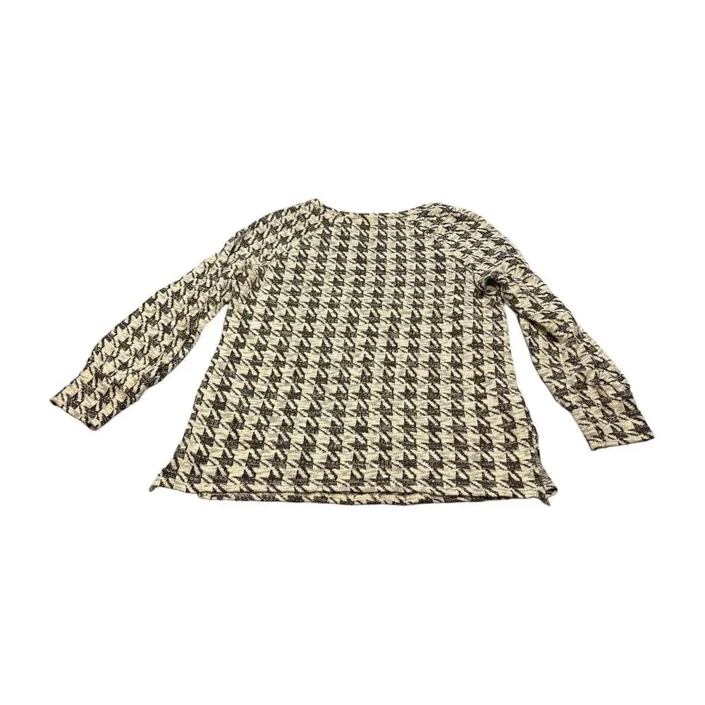 Sharagano Sweater Womens Medium Ivory Black Houndstooth Cotton Zip Raglan Sleeve - Picture 3 of 6
